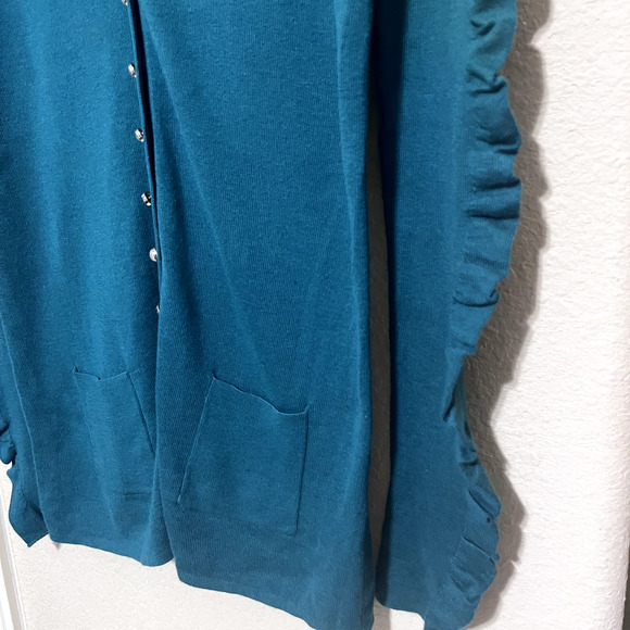 Anne Klein Cardigan Teal Green women's L Ruffle Sleeves button front long length - Picture 2 of 8